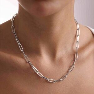 Silver Tone Platinum Plated Paperclip Chain Necklace 20" | Waterproof Minimalist